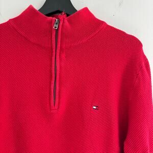 TOMMY HILFIGER Sweater Mens XL 1/4 Zip Jumper Pullover 100% Cotton Red